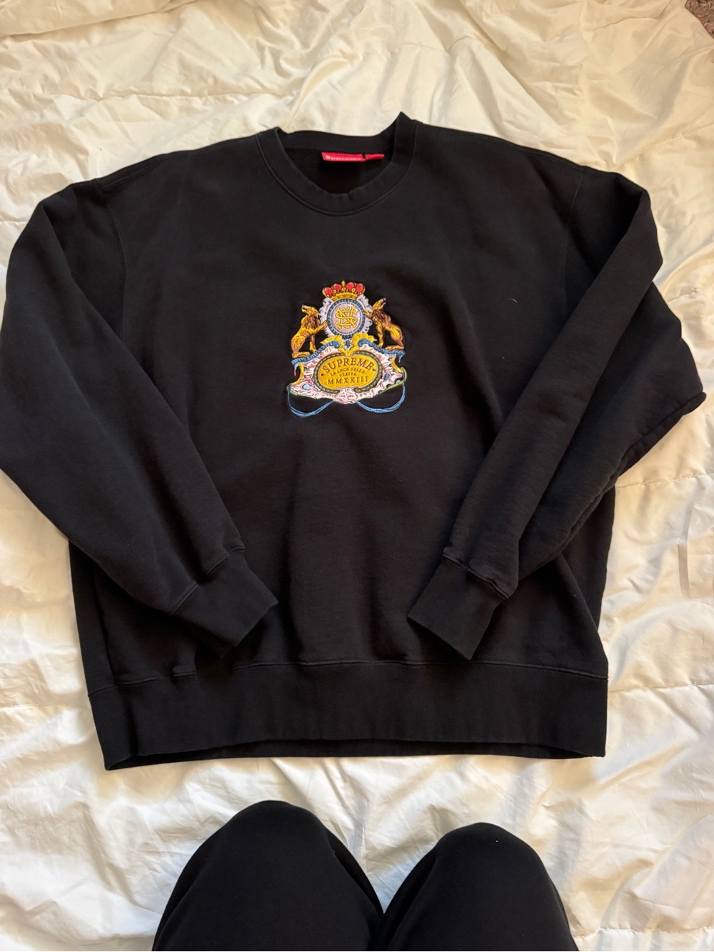 Supreme Black Crewneck with Embroidered Multicolor Crest